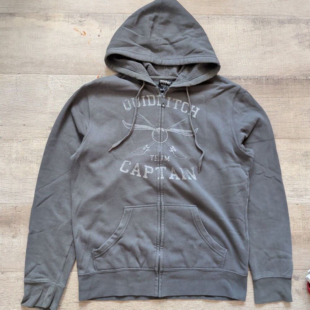 Harry Potter Hoodie Mens M Hufflepuff Quidditch Team Captain Zip Gray